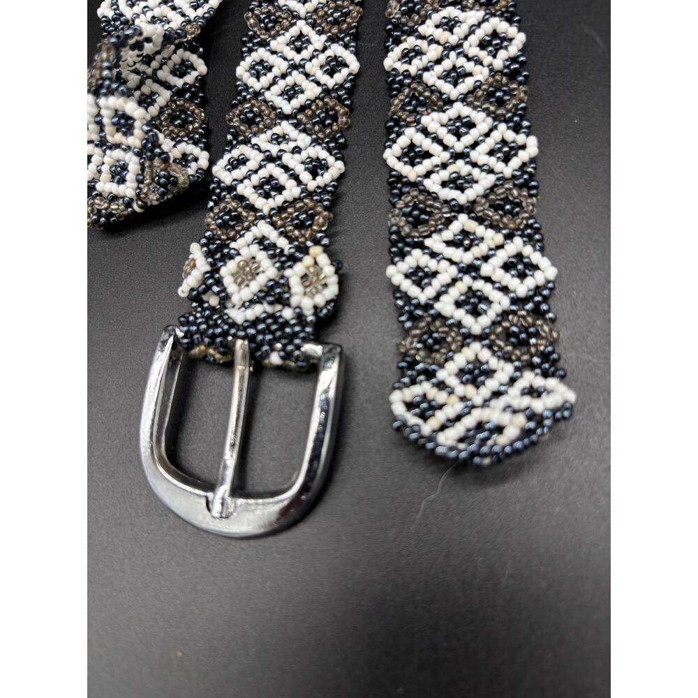 Seed beaded 1 inch wide belt black white and tan silver tone buckle boho Gypsy - Picture 3 of 4